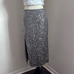 Silver Sequin Midi Skirt with Slit - Women's Sparkle Pencil Skirt Size Small